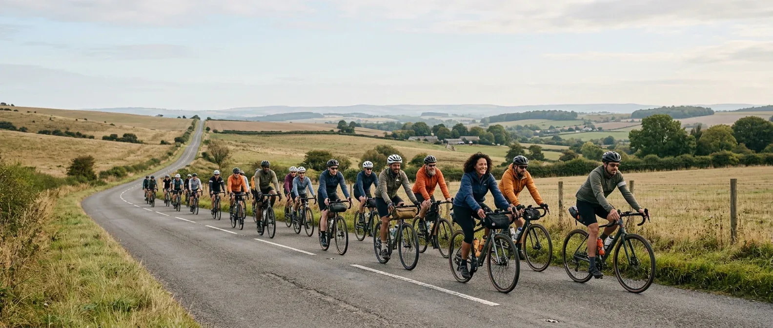 Large group of cyclists on road