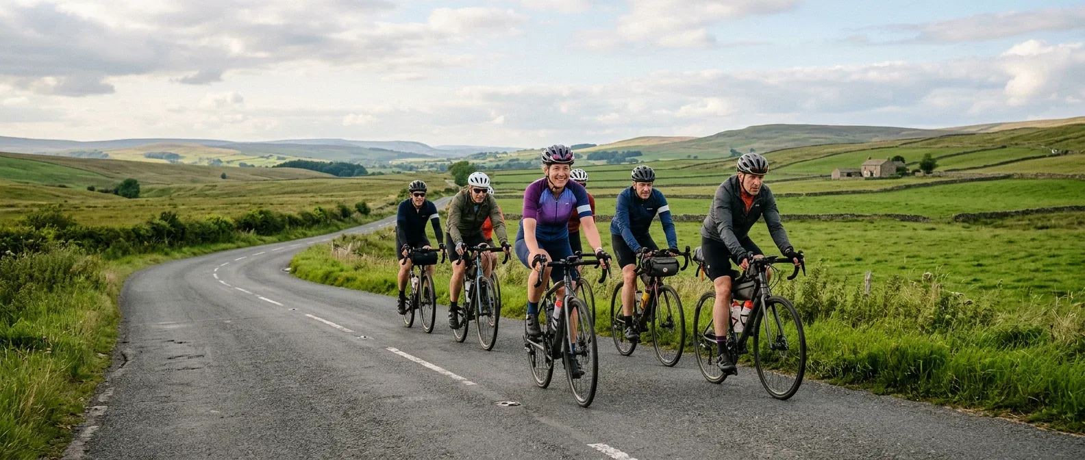 Volunteer cyclists group on country road
